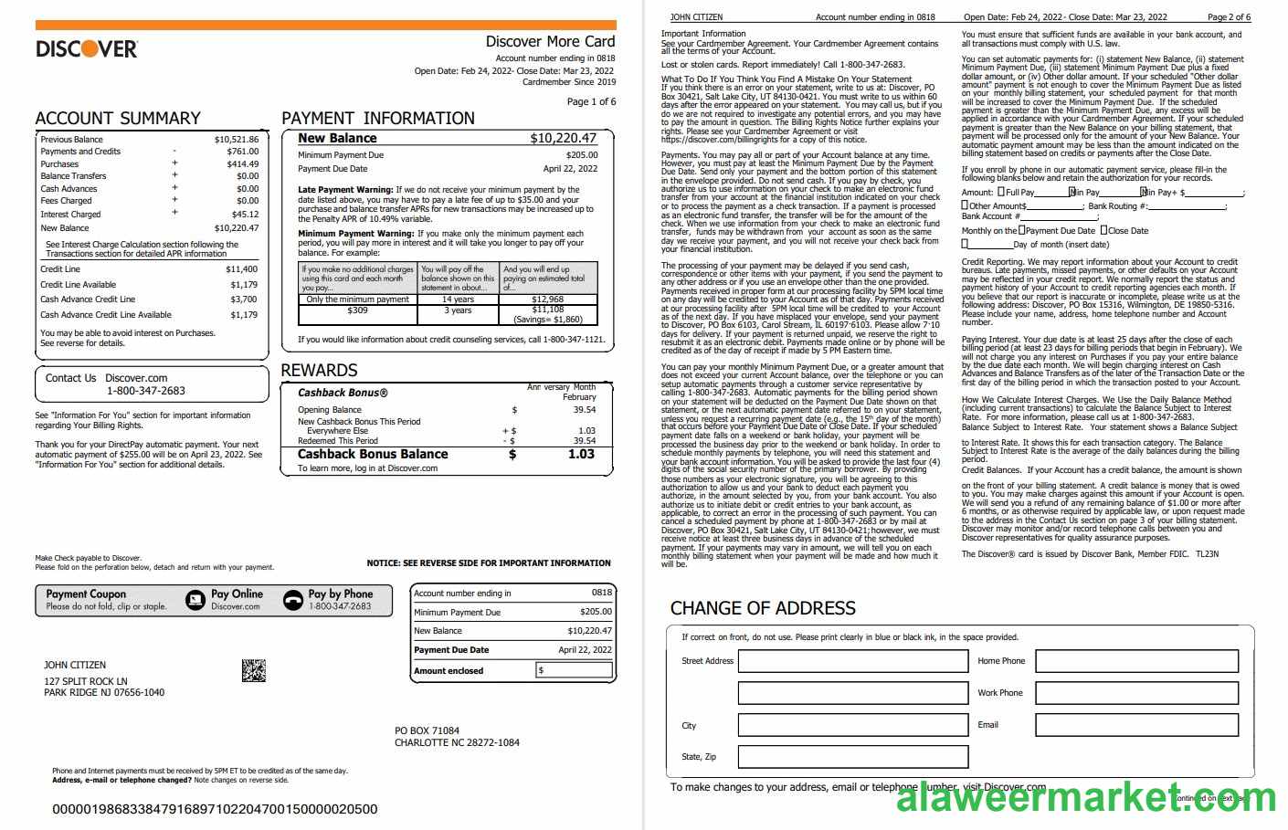 USA Discover credit card statement, Word and PDF template, 6 pages